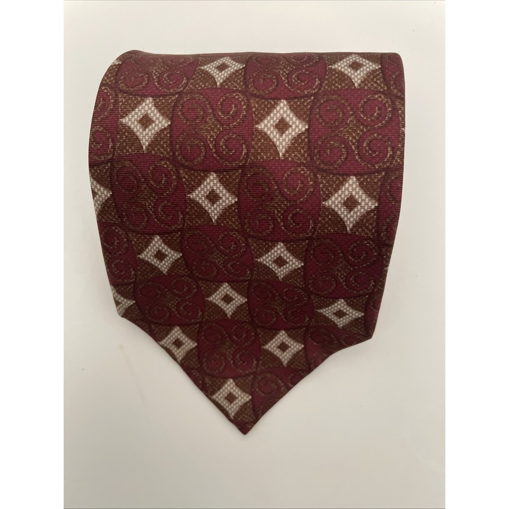 Enrico Coveri Mens Silk Necktie Burgundy‎ Brown Geometric Swirl Diamond USA Made